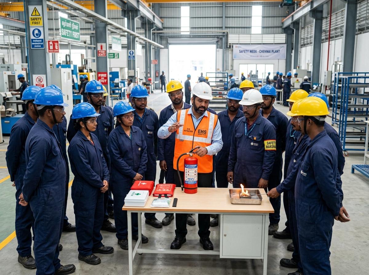 When It Strikes trainer briefing a group of workers at a safety demonstration station in Chennai